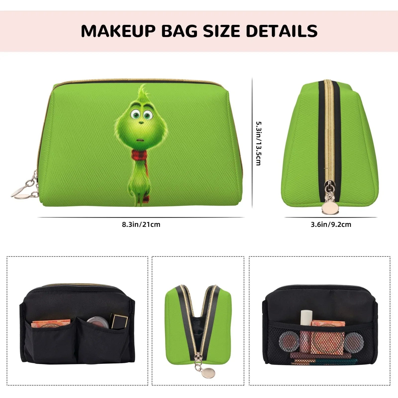 Cartoon Grinch Cosmetic Bag Makeup Organizer Leather Portable Pouch Gift Travel Toiletry Bag Storage Purse