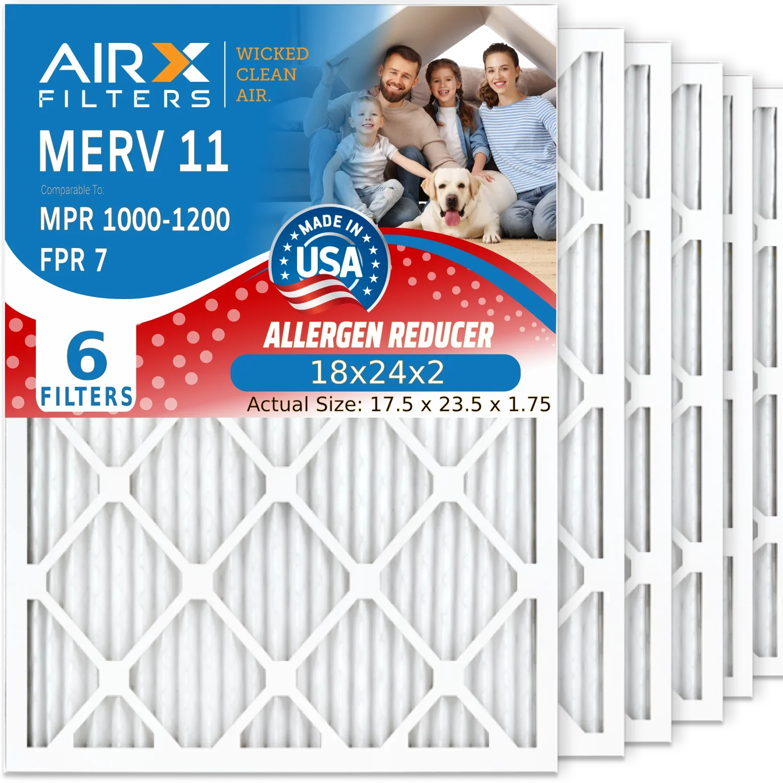 18x24x2 Air Filter MERV 11 Comparable to MPR 1000, MPR 1200 & FPR 7 Electrostatic Pleated Air Conditioner Filter 6 Pack HVAC Premium USA Made 18x24x2 Furnace Filters by AIRX FILTERS WICKED CLEAN AIR.