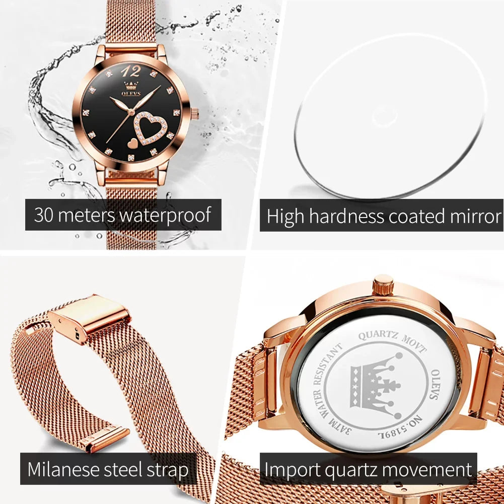 Olevs Elegant Women's Watch, Rose Gold Diamond Hearts Big Face Mesh Strap Fashion Dress Japanese Quartz Liquid Luminous Ladies Watches, Female Wristwatch, Gifts for Women