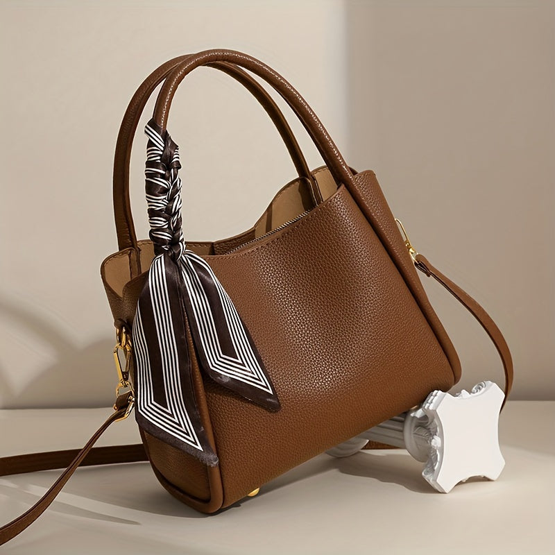 moocr Handbag With Scarf Accent PU Leather Elegant Shoulder Bag With Dual Handles For Daily Use Luxury Solid Color Crossbody Purse