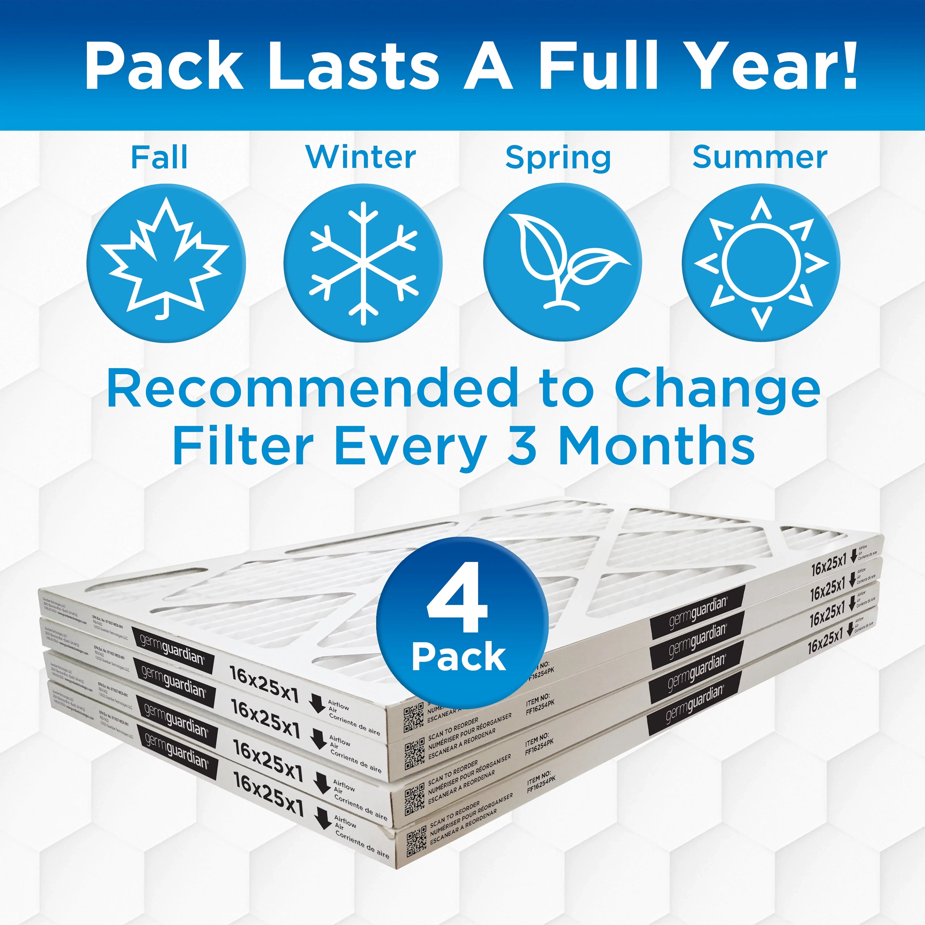 Germ Guardian 16x25x1 MERV 12 Pleated HVAC AC Furnace Air Filters (4-Pack)