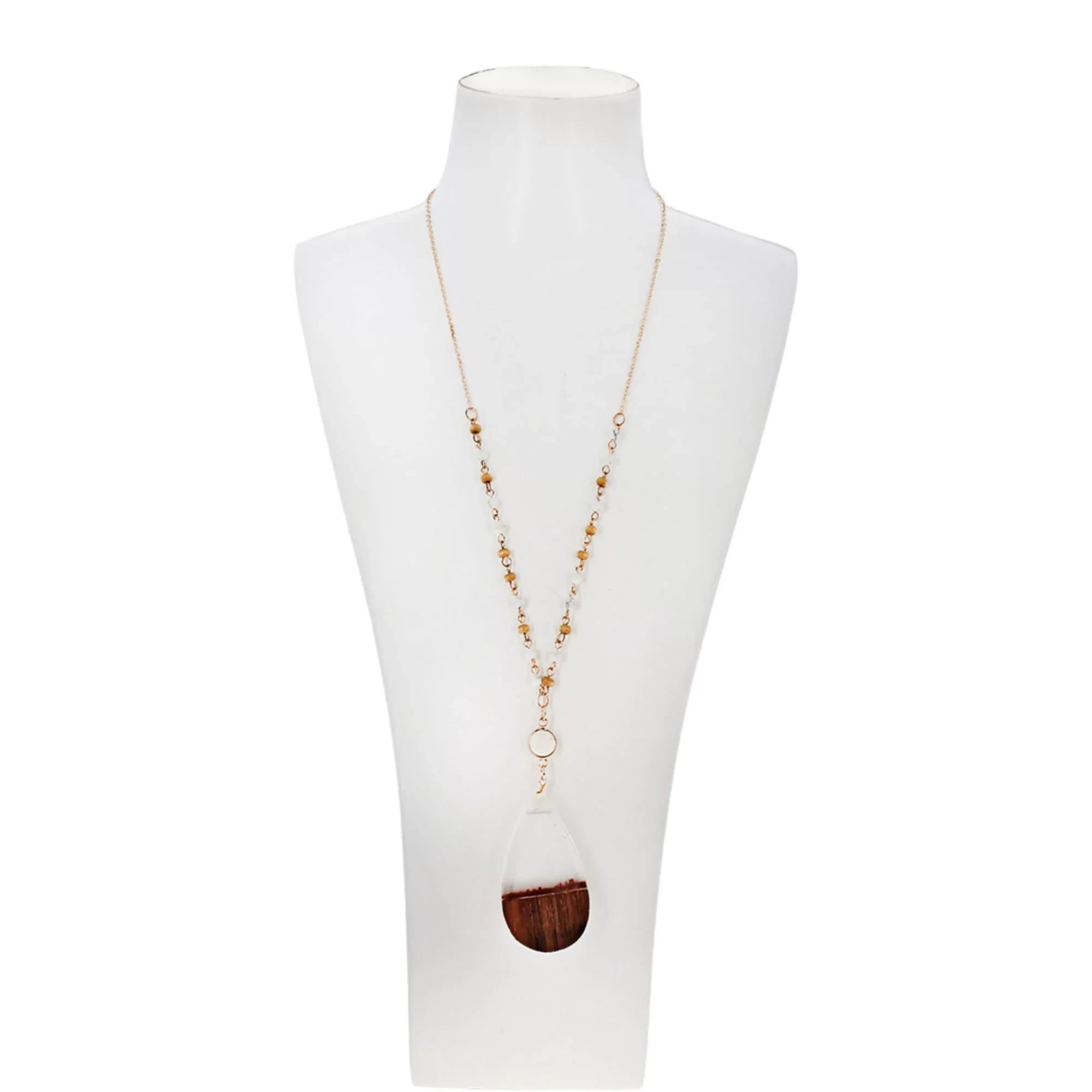 Blue Box Boutique Inc Clear Resin Wood Pendant Beaded Chain Necklace for Women, Tenes | Wood Anniversary Gift