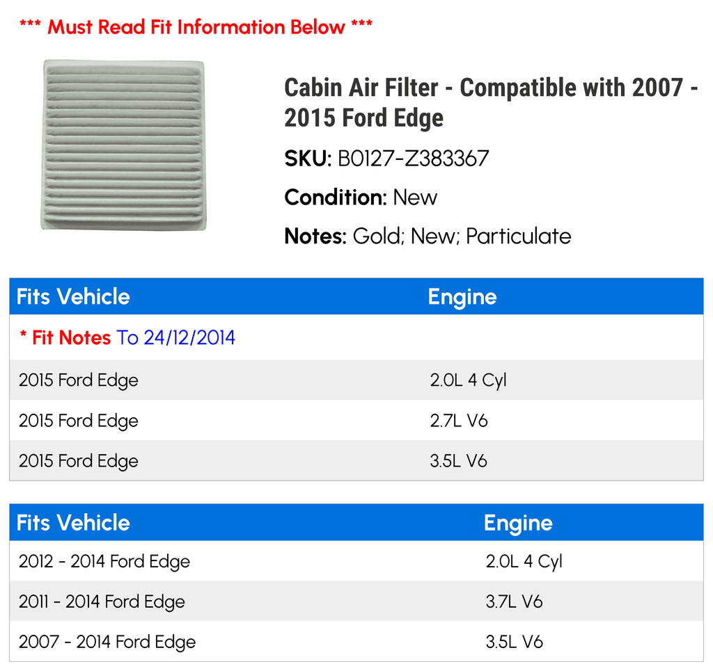 Cabin Air Filter - Compatible with 2007 - 2015 Ford Edge 2008 2009 2010 2011 2012 2013 2014
