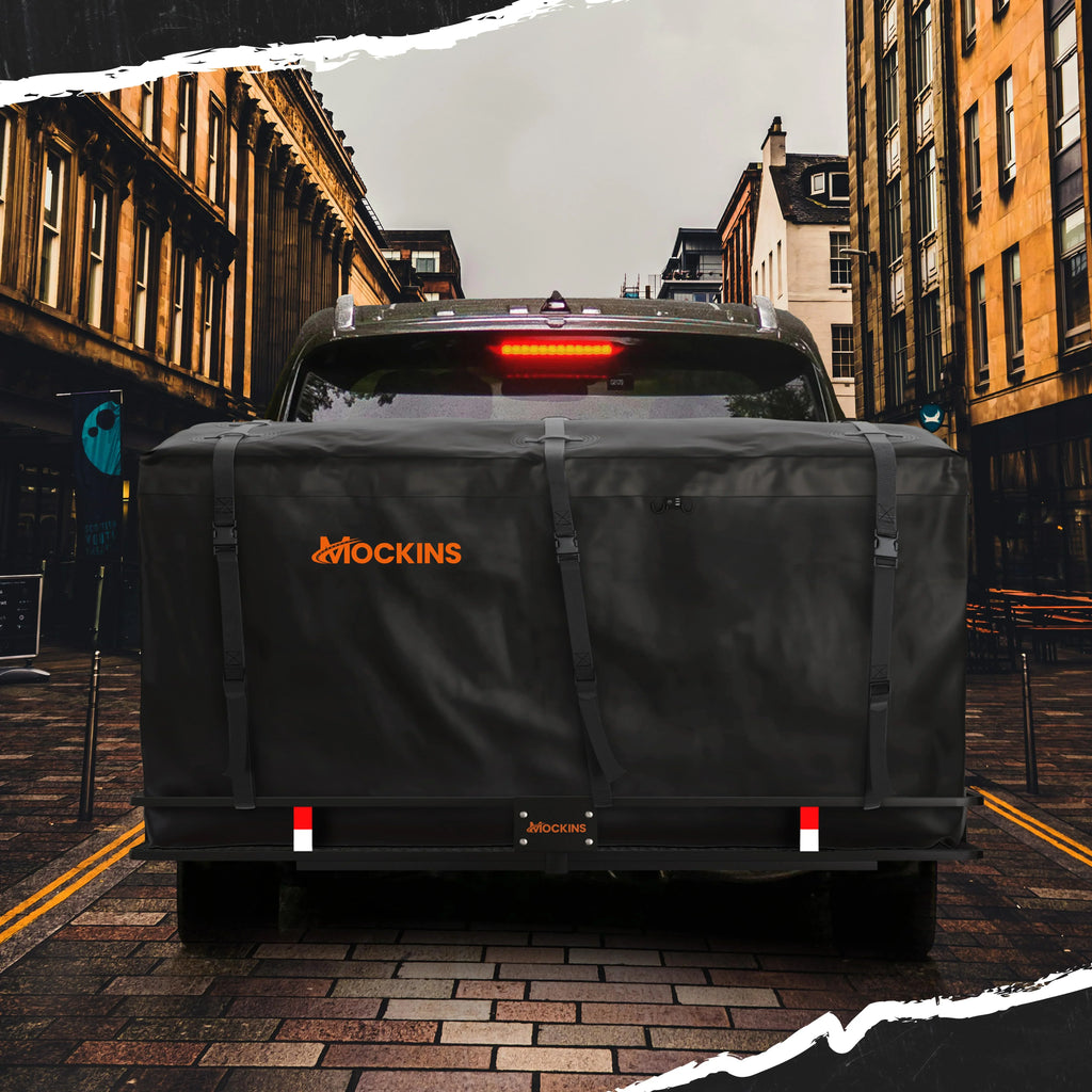 Mockins 70"x30"x6" XXL Trailer Hitch Cargo Carrier Hitch Mount | 500lbs Cap. Hitch Basket with 40 CF Bag & Foldable Arm
