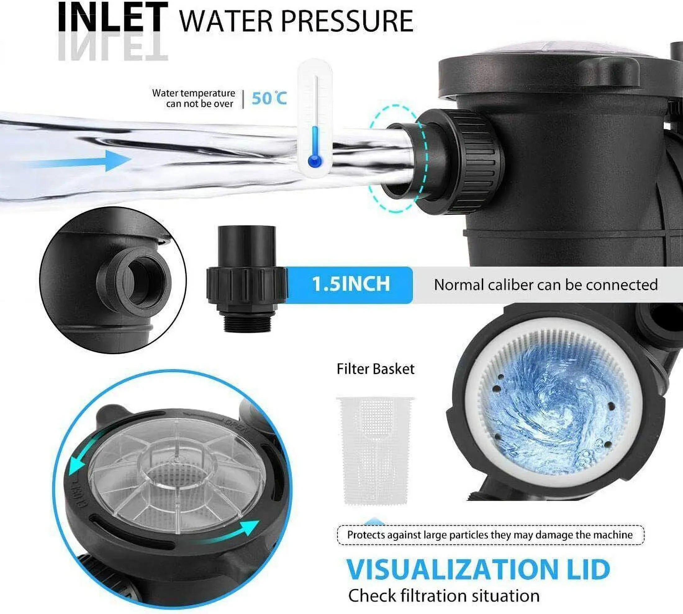 Denest Hbp1500ⅱ 2.0hp 1500w Inground/ Above Ground Swimming Pool Pump with Strainer Basket and Connectors