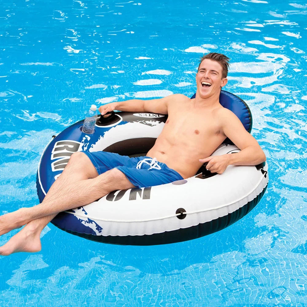 Intex 4 Pack of River Run 1 Person Floating Tubes and Single 12V Air Pump
