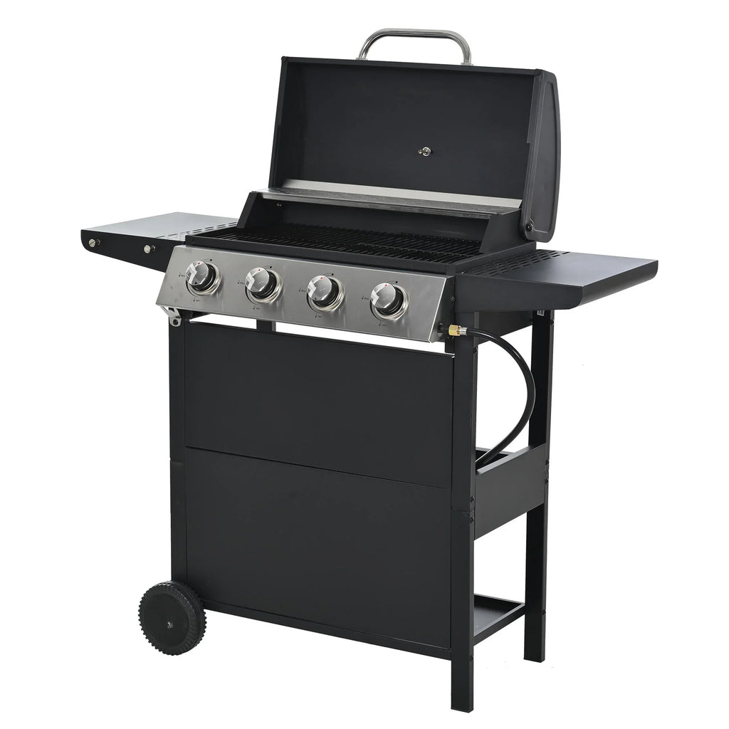 Stainless Steel BBQ Gas Grill 4-Burners Side Burner Thermometer Two Shelves Grilling Space Patio Garden Barbecue - Black