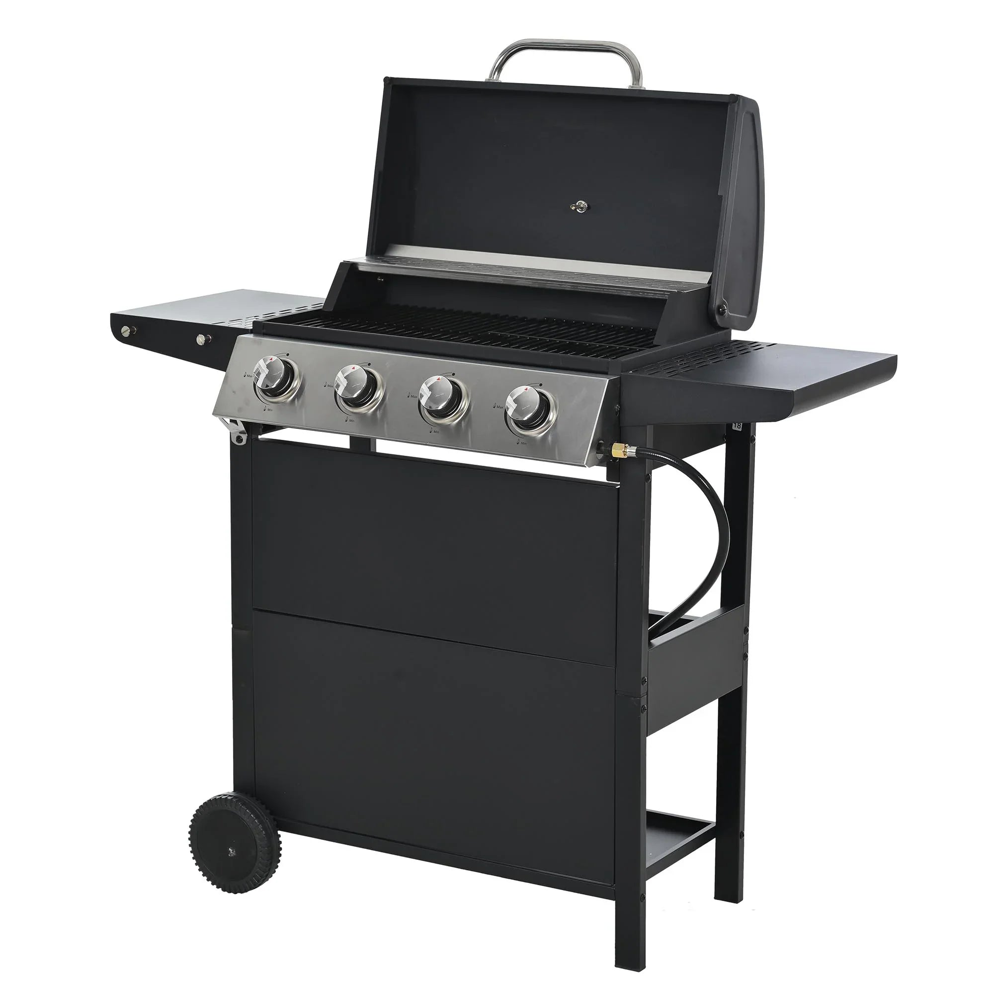 Stainless Steel BBQ Gas Grill 4-Burners Side Burner Thermometer Two Shelves Grilling Space Patio Garden Barbecue - Black