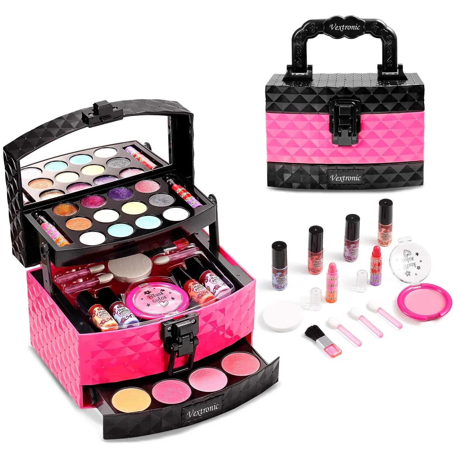 Vextronic Girls Makeup Toy Set Washable Kids Makeup Kit for Girl, Pretend Play Makeup Kit for Kids, Non-Toxic, Real Cosmetic Toy Beauty Set for Kids Birthday Pink