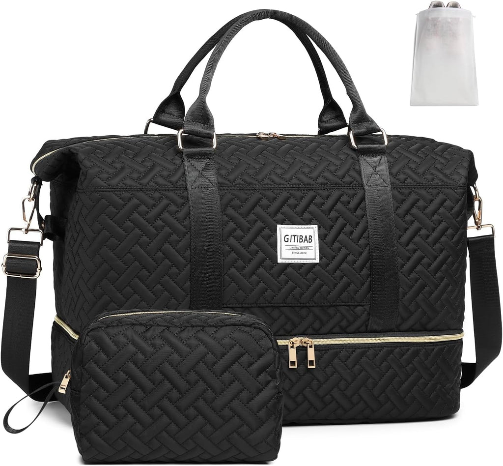 Duffle Bags for women,50L Quilted Travel Weekender Bag with Shoe Compartment, Large Carry On Overnight Tote Gym Bag with Toiletry Bag,Hospital Bags for Labor and Delivery,Black