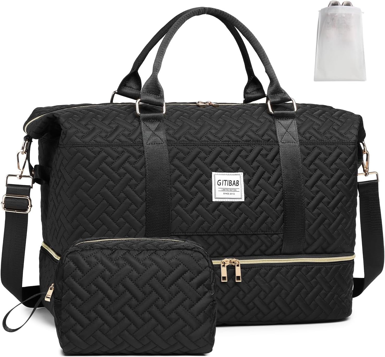 Duffle Bags for women,50L Quilted Travel Weekender Bag with Shoe Compartment, Large Carry On Overnight Tote Gym Bag with Toiletry Bag,Hospital Bags for Labor and Delivery,Black