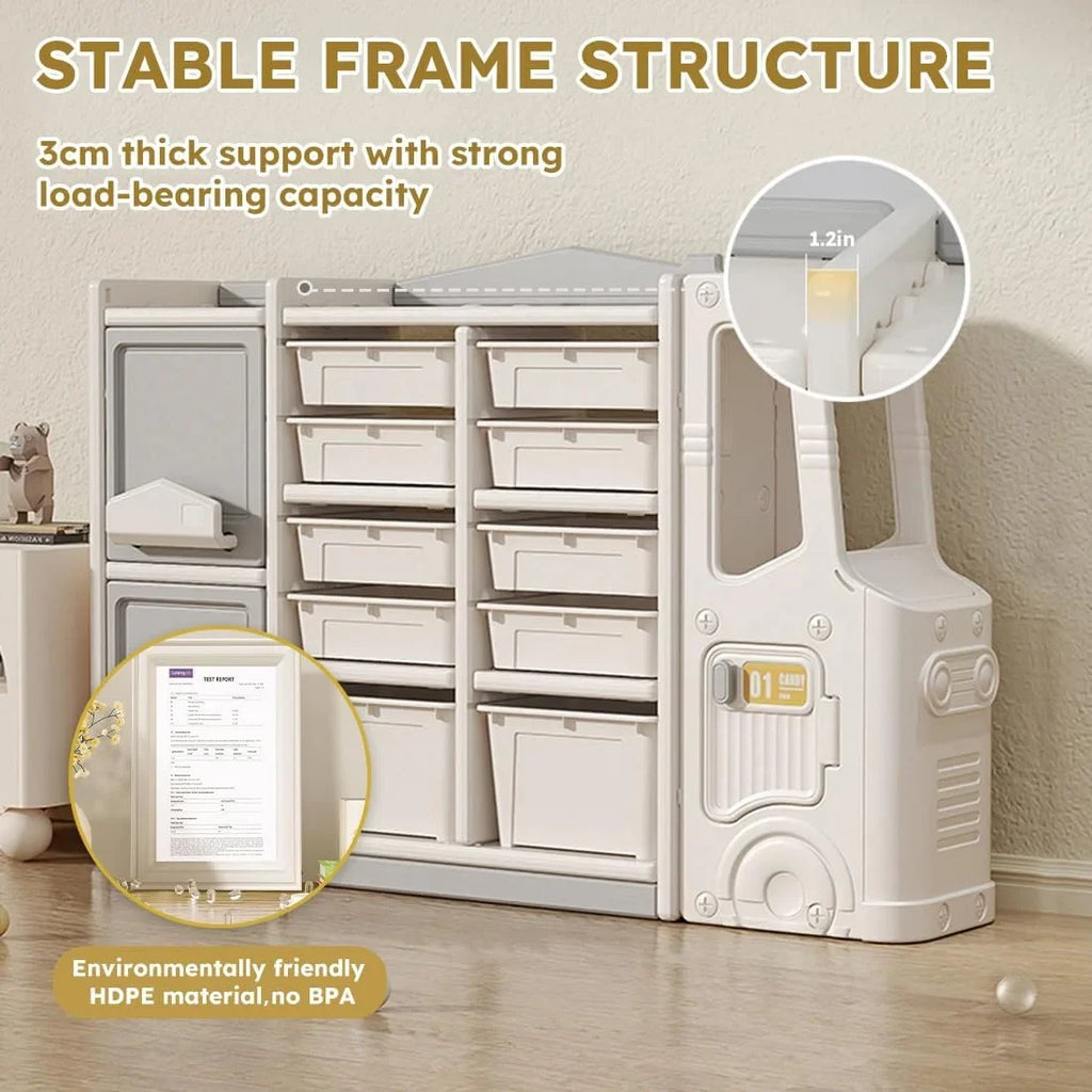 RUNFAYBIU Toy Organizer Multi-Functional Bookshelf and Toy Box Closed Cabinet and Pull-Out Drawer for Playroom Children's Bedroom and Nursery. (10 Organizer Boxes + 2 Organizer Cab