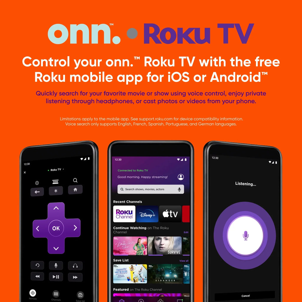 onn. 50” QLED 4K UHD (2160p) Roku Smart TV with Dolby Atmos, Dolby Vision, Local Dimming, 120hz Effective Refresh Rate, and HDR (100071700)