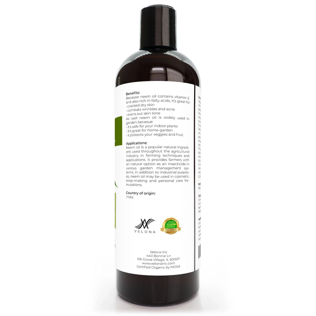 Velona Neem Oil USDA Certified Organic - 24 oz | 100% Pure and Natural Carrier Oil | Virgin, Unrefined, Cold Pressed | Hair, Body and Skin Care | Use Today - Enjoy Results