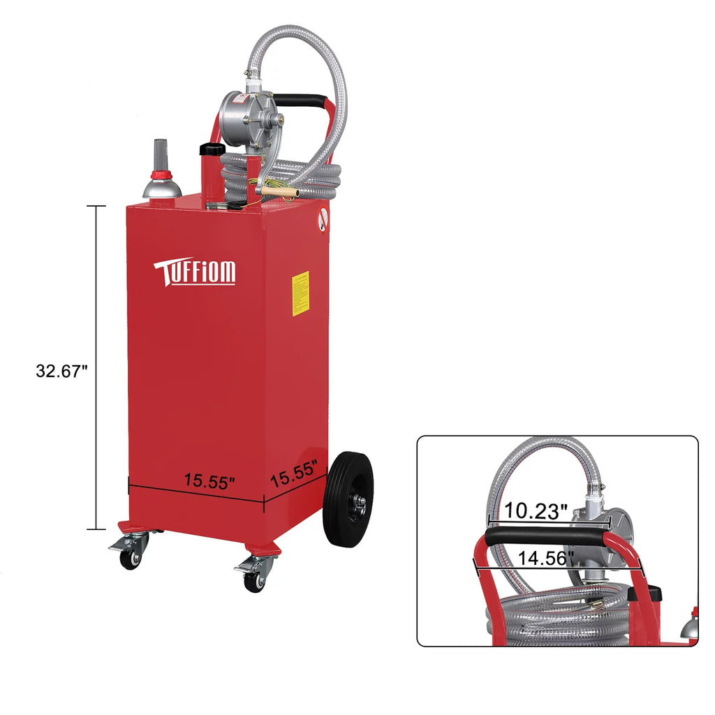 TUFFIOM 35 Gallon Gas Caddy With Wheels, Fuel Transfer Tank Gasoline Diesel Can Reversible Rotary Hand Siphon Pump, Fuel Storage Tank for Automobiles ATV Car Mowers Tractors, Red