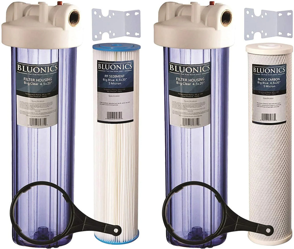 Two 20" Big Blue Whole House Liquid Filter w/Pleated Sediment & Carbon Filters Clear Blue Transparent Housings