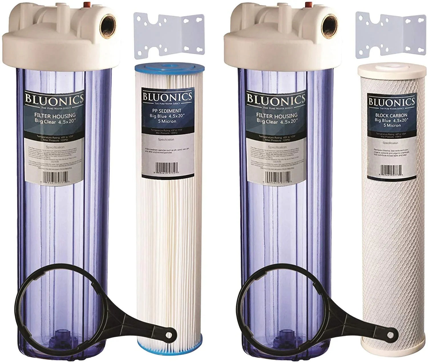 Two 20" Big Blue Whole House Liquid Filter w/Pleated Sediment & Carbon Filters Clear Blue Transparent Housings