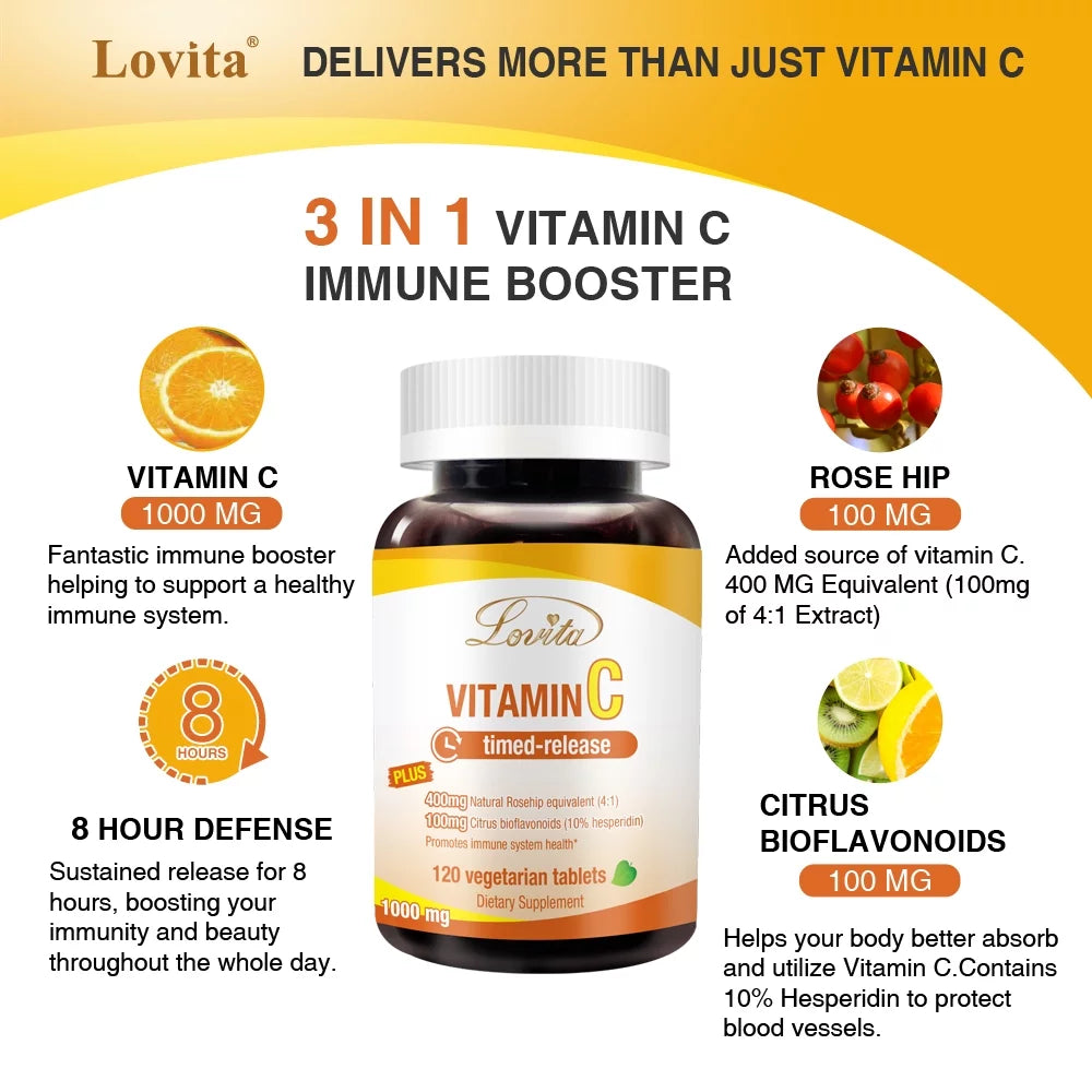 Lovita Vitamin C 1000mg with Bioflavonoids & Rose Hips, Timed Release Vitamin C, High Potency Vitamin C to Boost Healthy Immune Function, 120 Vegetarian Tablets for 4 Month Supply (Pack of 3)
