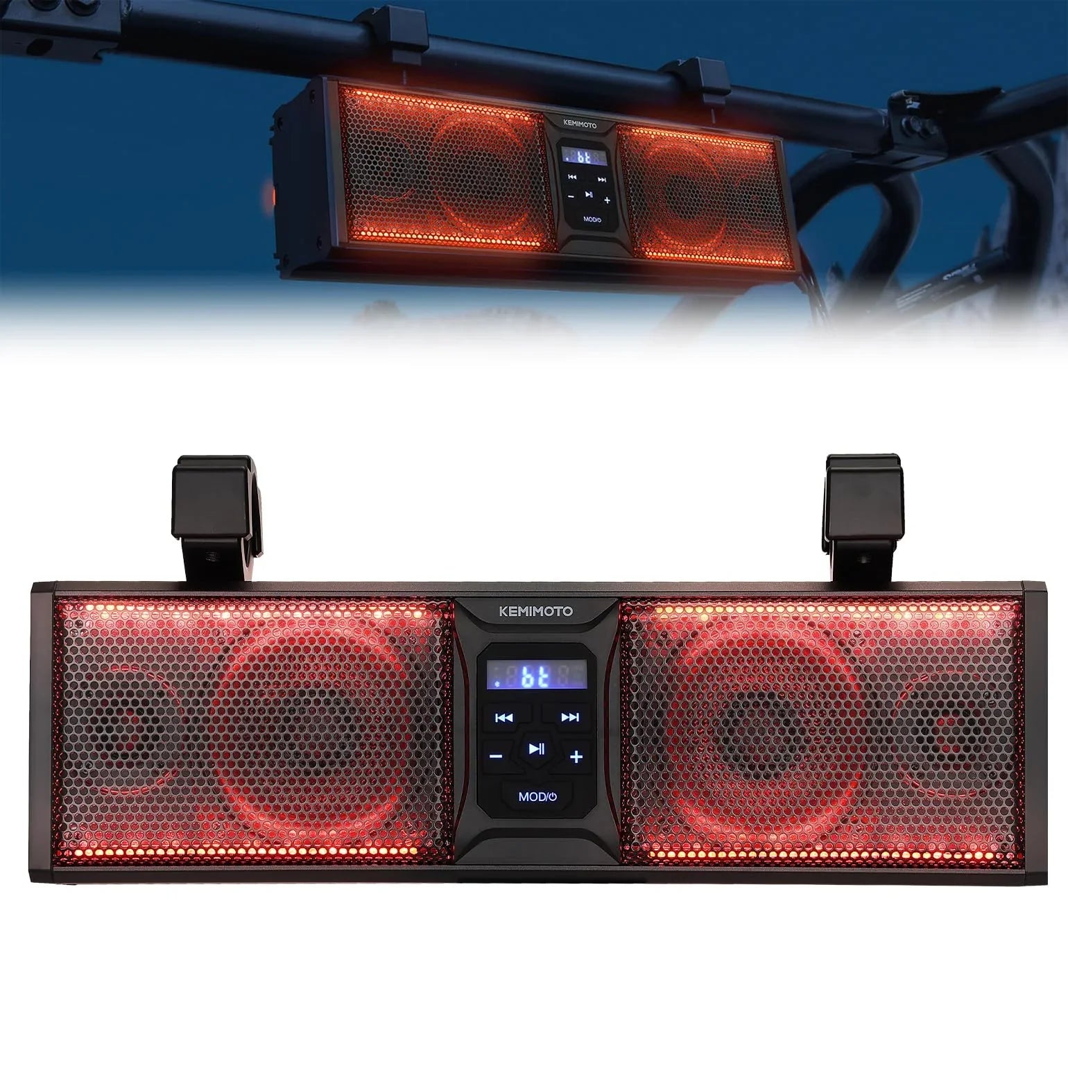 kemimoto UTV Sound Bar 16 Inch ATV SoundBar UTV Sound System SXS Speakers Liquid Bluetooth Connectivity with Multicolor LED Lighting Compatible with Polaris RZR Ranger Can-Am Defender Maverick