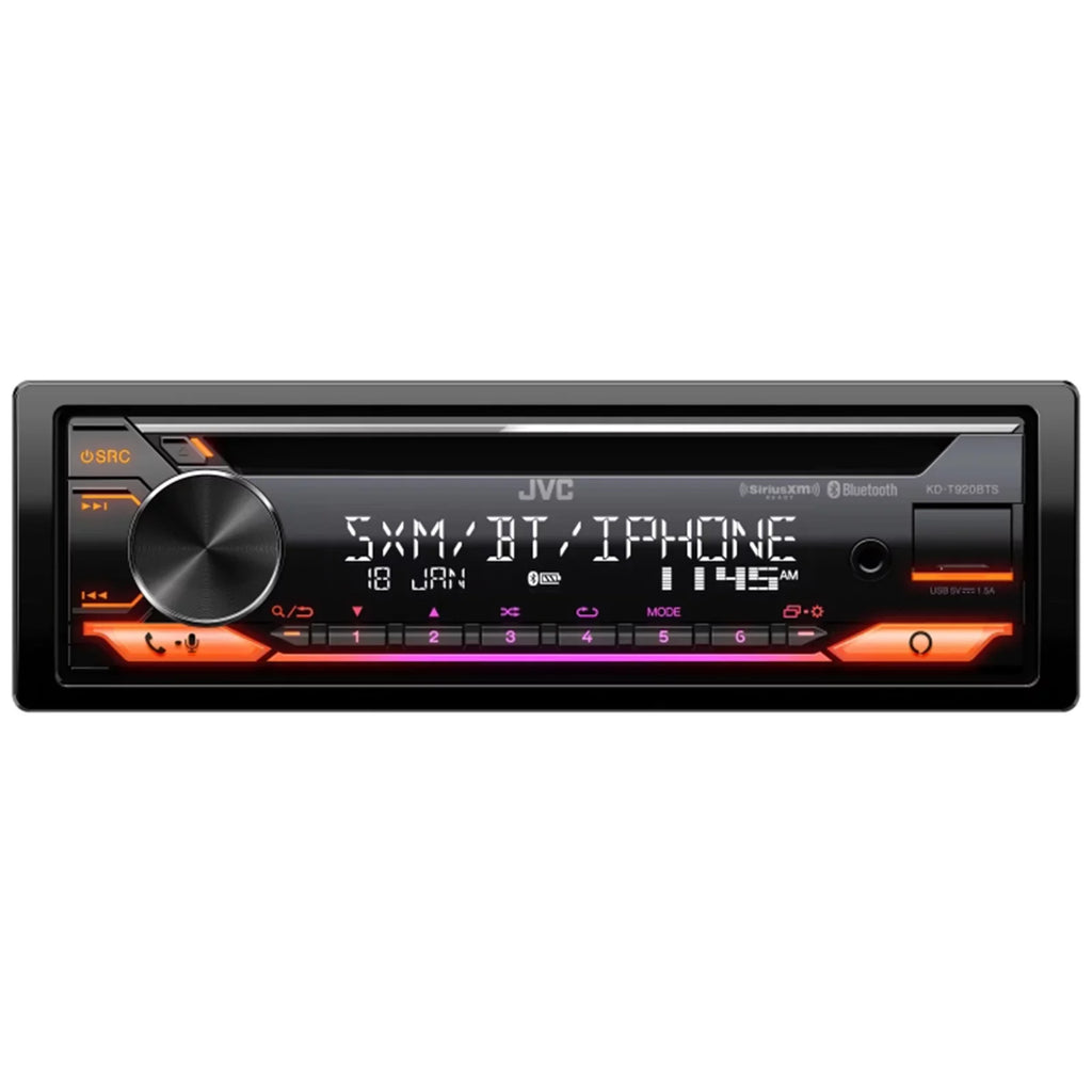 JVC KD-T920BTS Single DIN In-Dash CD Player Bluetooth USB AUX AM/FM Radio Receiver Bundle Combo with Single-DIN Stereo Installation Kit (Fits Select 1998-2013 Harley Davidson Touring Motorcycles)