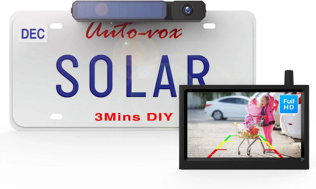 AUTO-VOX Solar Backup Camera Wireless Reverse Camera IP68 Fluid Vehicles License Plate Camera for Trailer/SUV