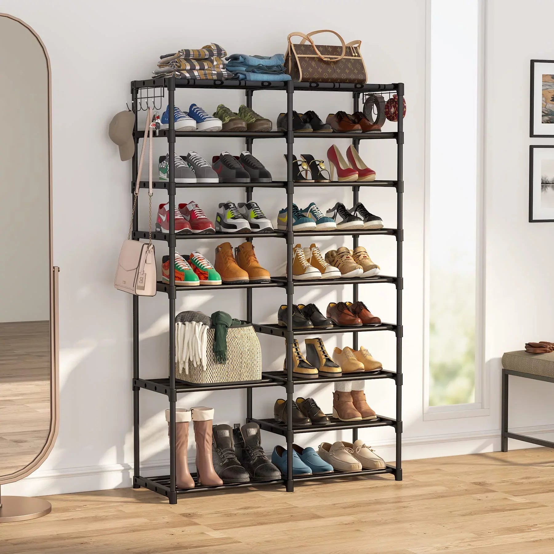 Fiuion Shoe Rack Organizer 9 Tiers Shoe Storage Shelf 32-40 Pairs Shoe Stand for Closet Boot Organizer with 2 Hooks Removable Dustproof Large Stackable Shoe Tower for Shoe Boot Storage, Black