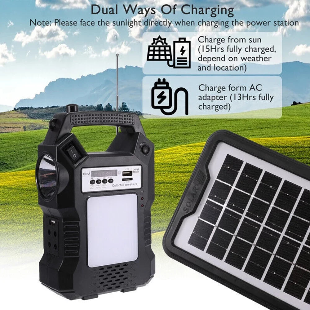 MDHAND Portable Solar Powered Station, Rechargeable Solar Generator, Dual Way To Charge, Solar Panel Power Bank with 3 LED Bulbs Flashlight for Hiking Camping Emergency
