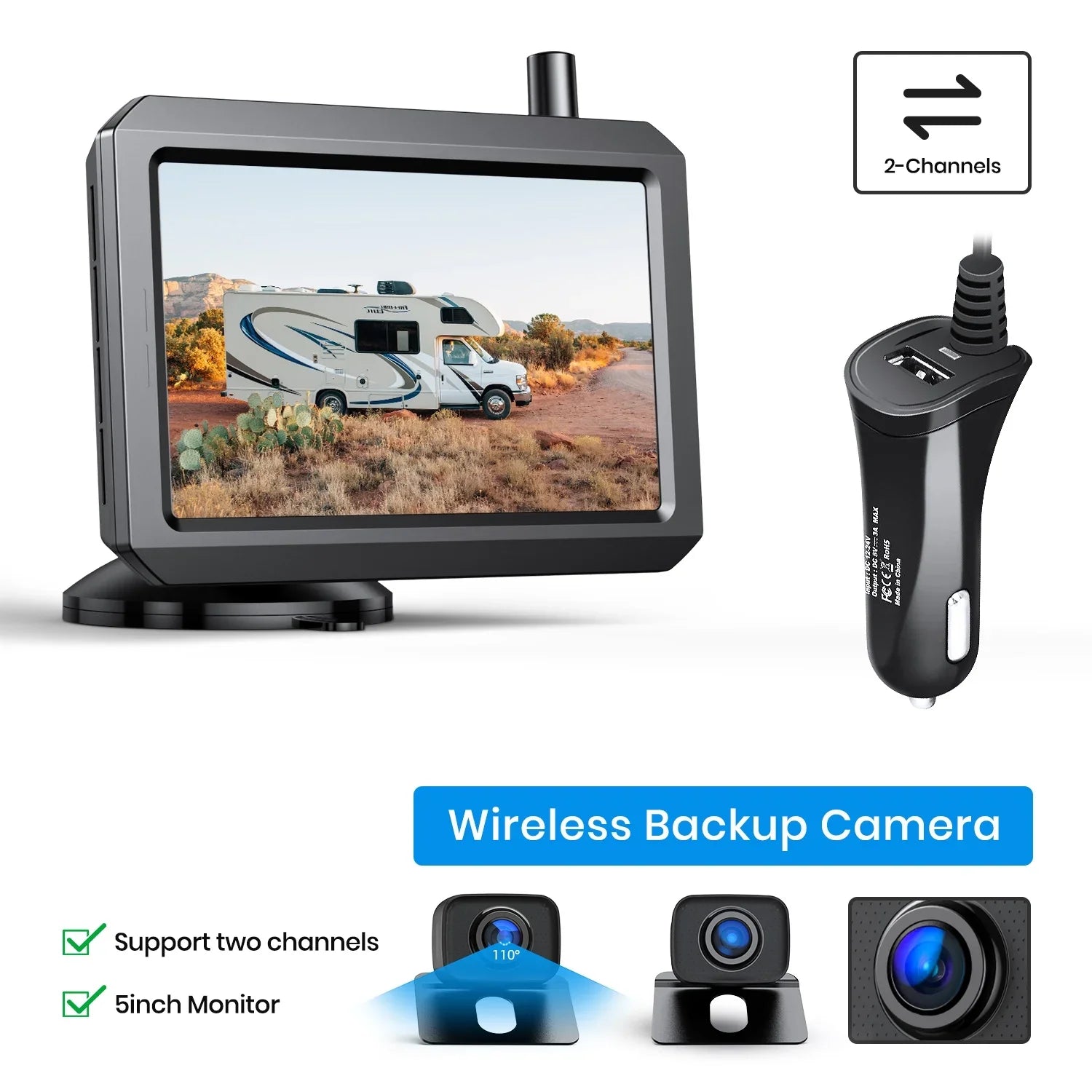 Digital Wireless Backup Camera System With 2 Cameras, IP68 Liquid Wireless Rear View Camera 2 Channels Reversing System for Car