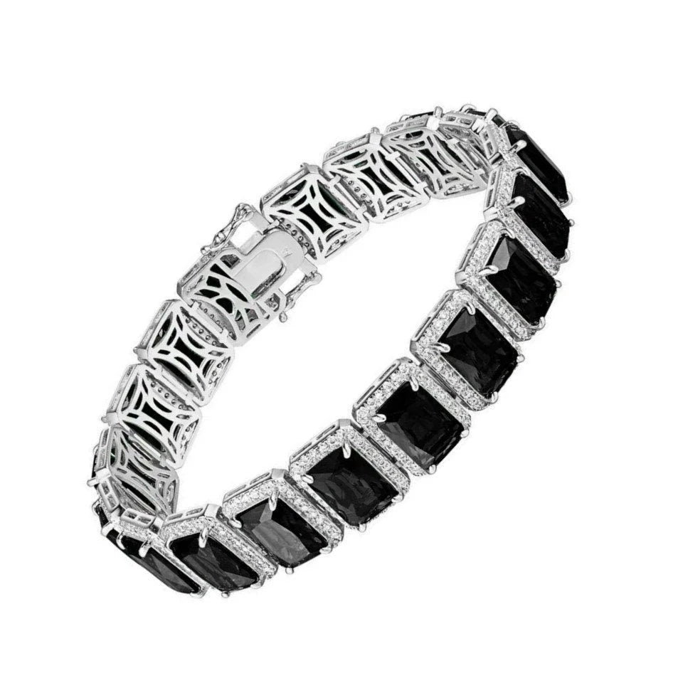 14K White Gold Finish Onyx Black Simulated Diamonds Solitaire Mens Ladies Bracelet 10mm / 8.5 Inch