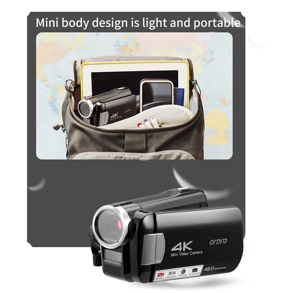 ORDRO AC2 4K Digital Video Camera Camcorder DV Recorder 48MP 30X Digital Zoom IR Night Vision 3.0 Inch IPS Display with Battery Remote Control Carry Bag