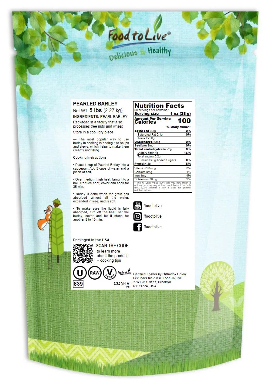 Food to Live, Pearled Barley, 5 Pounds, Kosher