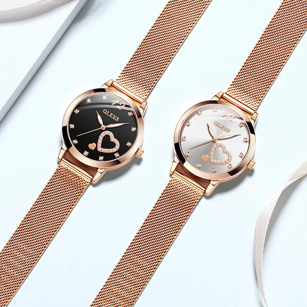 Olevs Elegant Women's Watch, Rose Gold Diamond Hearts Big Face Mesh Strap Fashion Dress Japanese Quartz Liquid Luminous Ladies Watches, Female Wristwatch, Gifts for Women