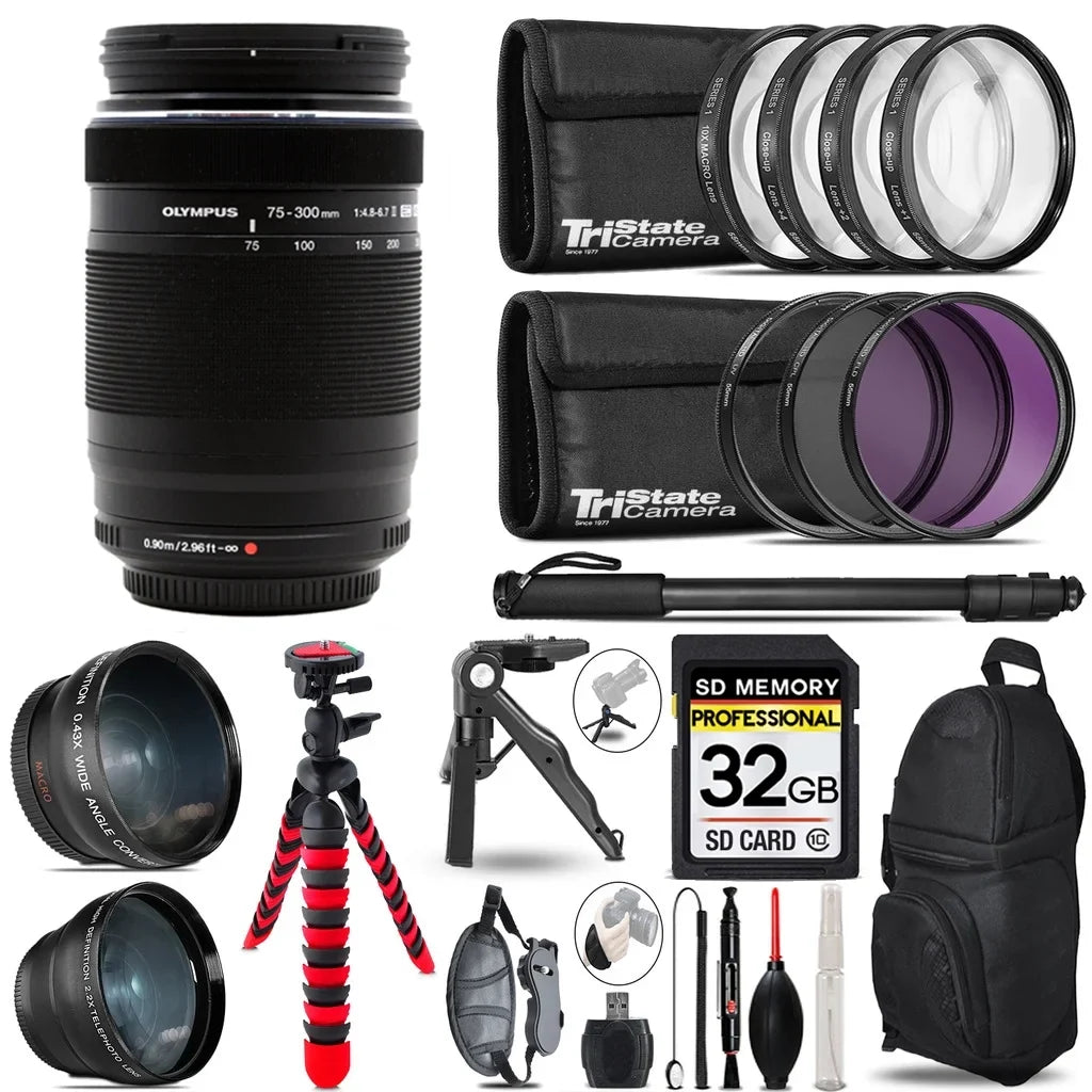 Olympus M.Zuiko Digital ED 75-300mm f/4.8-6.7 II Lens- 3 Lens Kit + Tripod + Backpack - 32GB Accessory Bundle