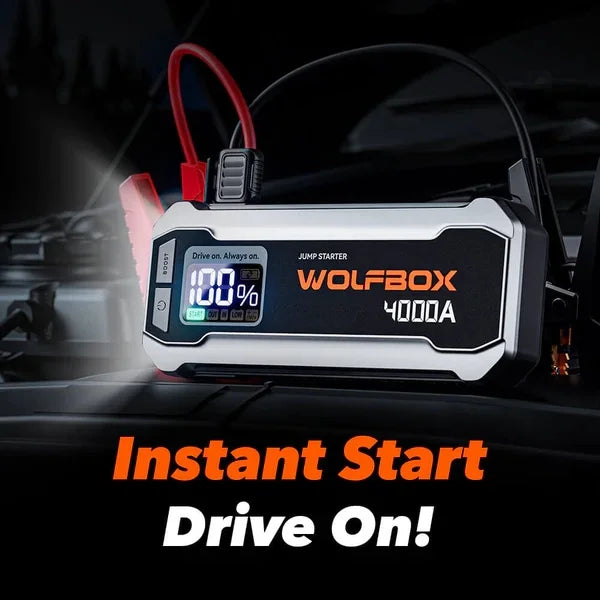 WOLFBOX 4000A 12V Car Battery Jump Starter(10L Gas 10L Diesel Engine) Powerful Car Jump Starter with 65W Quick Charger, Built-in LED Light, Jumper Cables, 24000mAh Portable Jump Starter Battery Pack