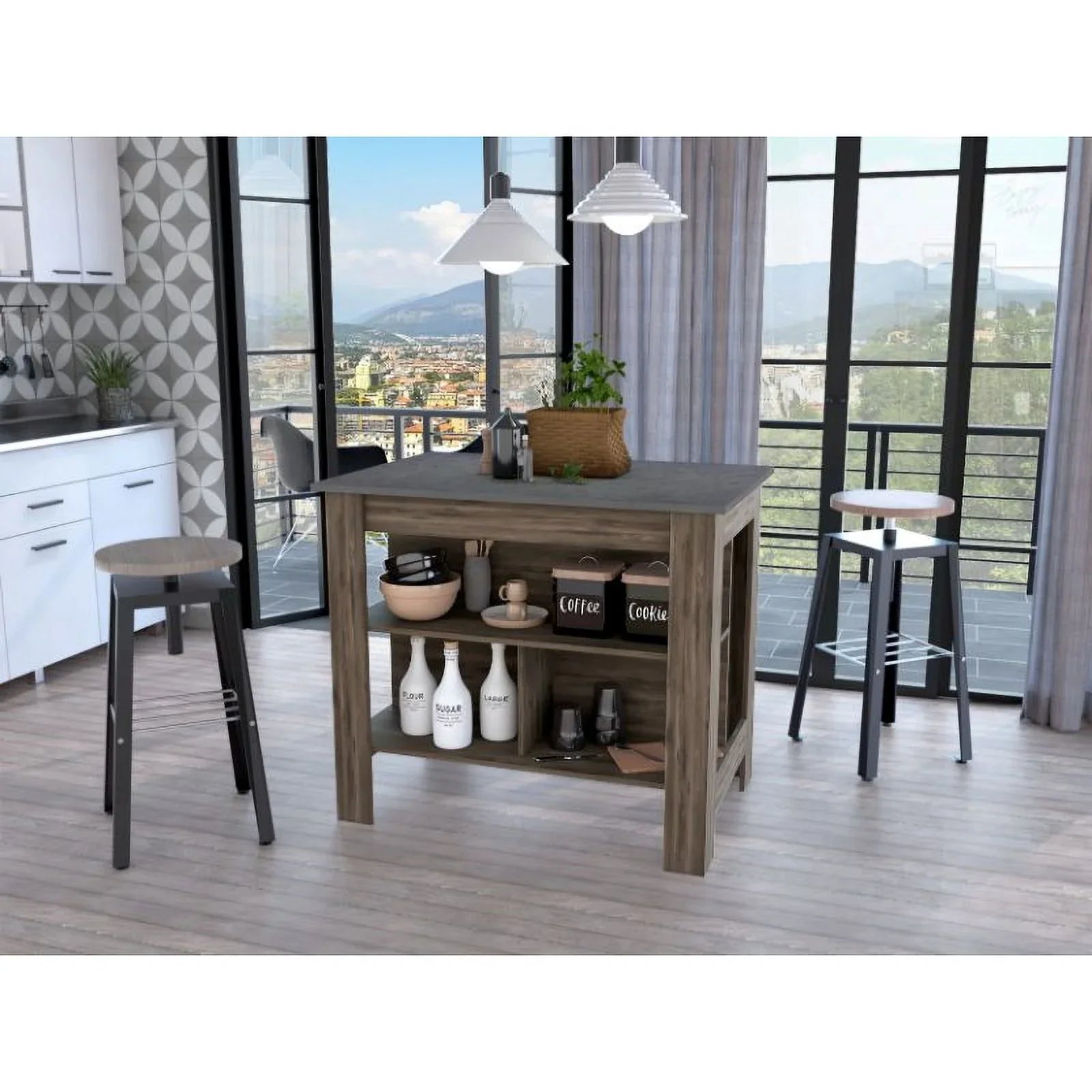 FM FURNITURE Brooklyn Modern Minimal Kitchen Island with Three Concealed Shelves