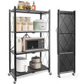 4-Tier Foldable Storage Shelf with Wheels - Metal Collapsible Shelving Unit Display, Rolling Cart for Books Kitchen Storage Shelves, Pantry & Closet Organizer, Office Room Decor - Black