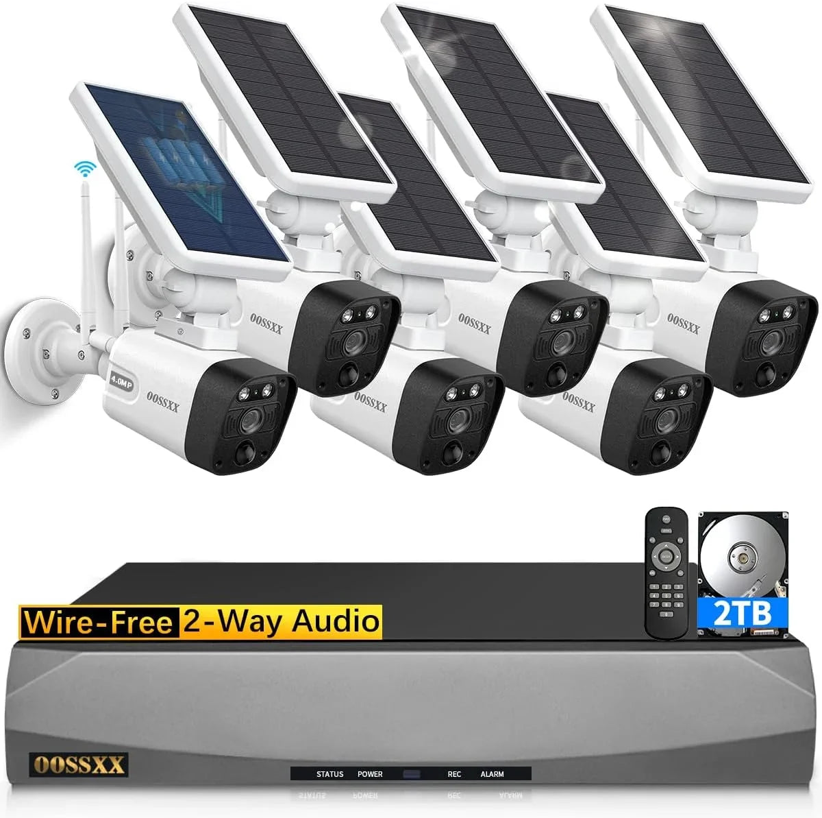 {100% Wireless Solar Security Camera System}, 6pcs 2K 3.0MP solar cameras with 8-channel NVR, Wire-free Home Surveillance system, 2TB Hard Drive pre-installed by OOSSXX
