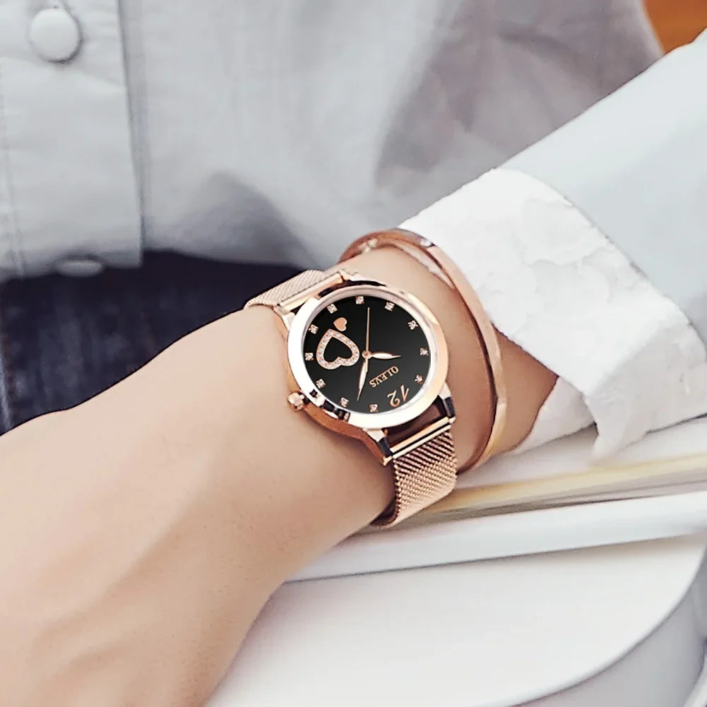 Olevs Elegant Women's Watch, Rose Gold Diamond Hearts Big Face Mesh Strap Fashion Dress Japanese Quartz Liquid Luminous Ladies Watches, Female Wristwatch, Gifts for Women