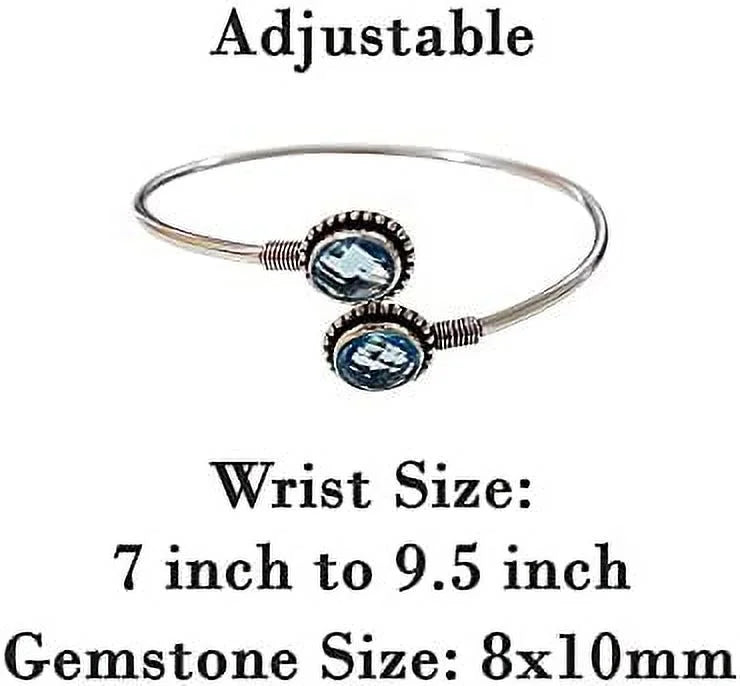 Blue Topaz Gemstone Adjustable Fashion Bracelet for Women, Ethnic Modern Design Silver Plated Cuff Bracelet, Handmade Designer Party Jewelry, November Birthstone