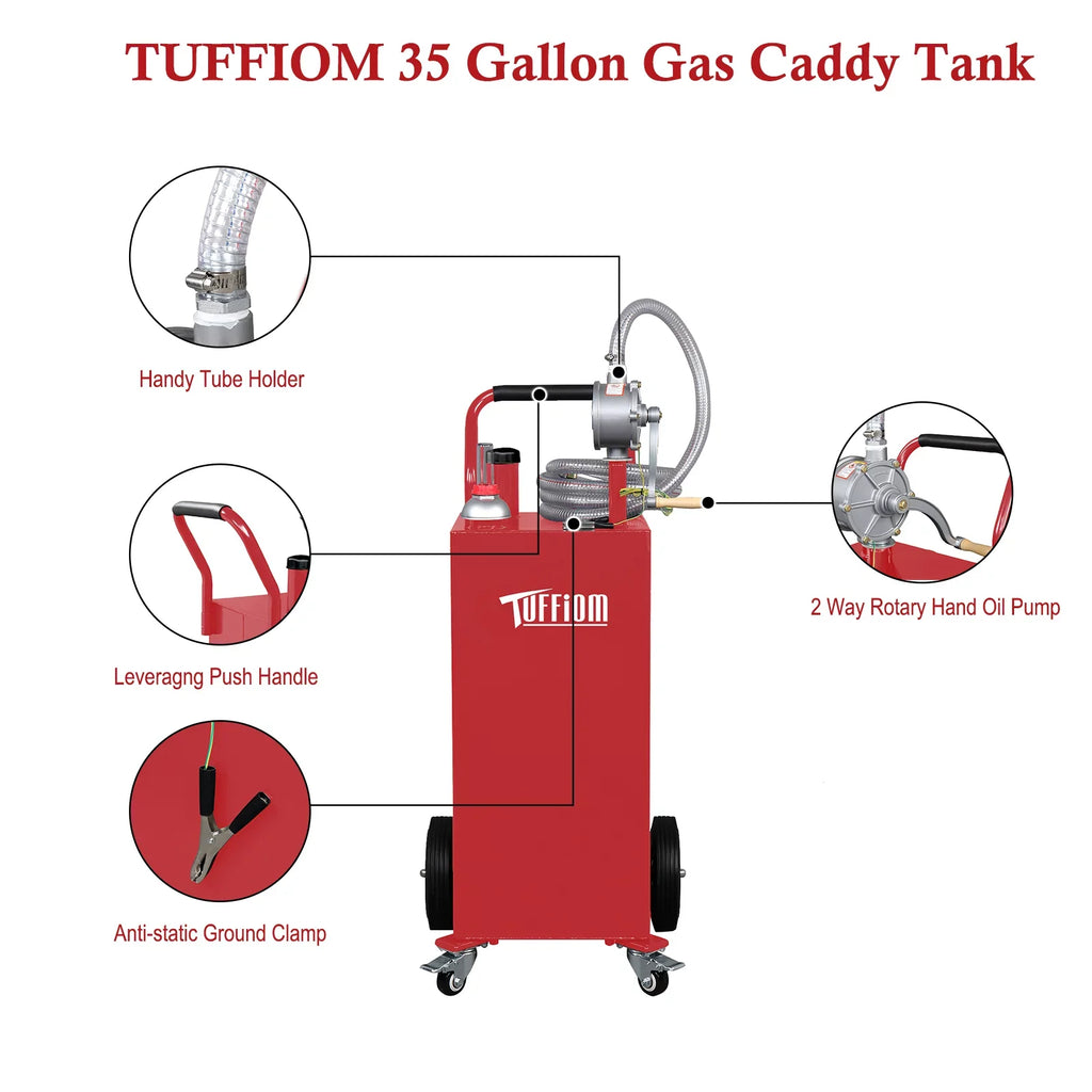TUFFIOM 35 Gallon Gas Caddy With Wheels, Fuel Transfer Tank Gasoline Diesel Can Reversible Rotary Hand Siphon Pump, Fuel Storage Tank for Automobiles ATV Car Mowers Tractors, Red