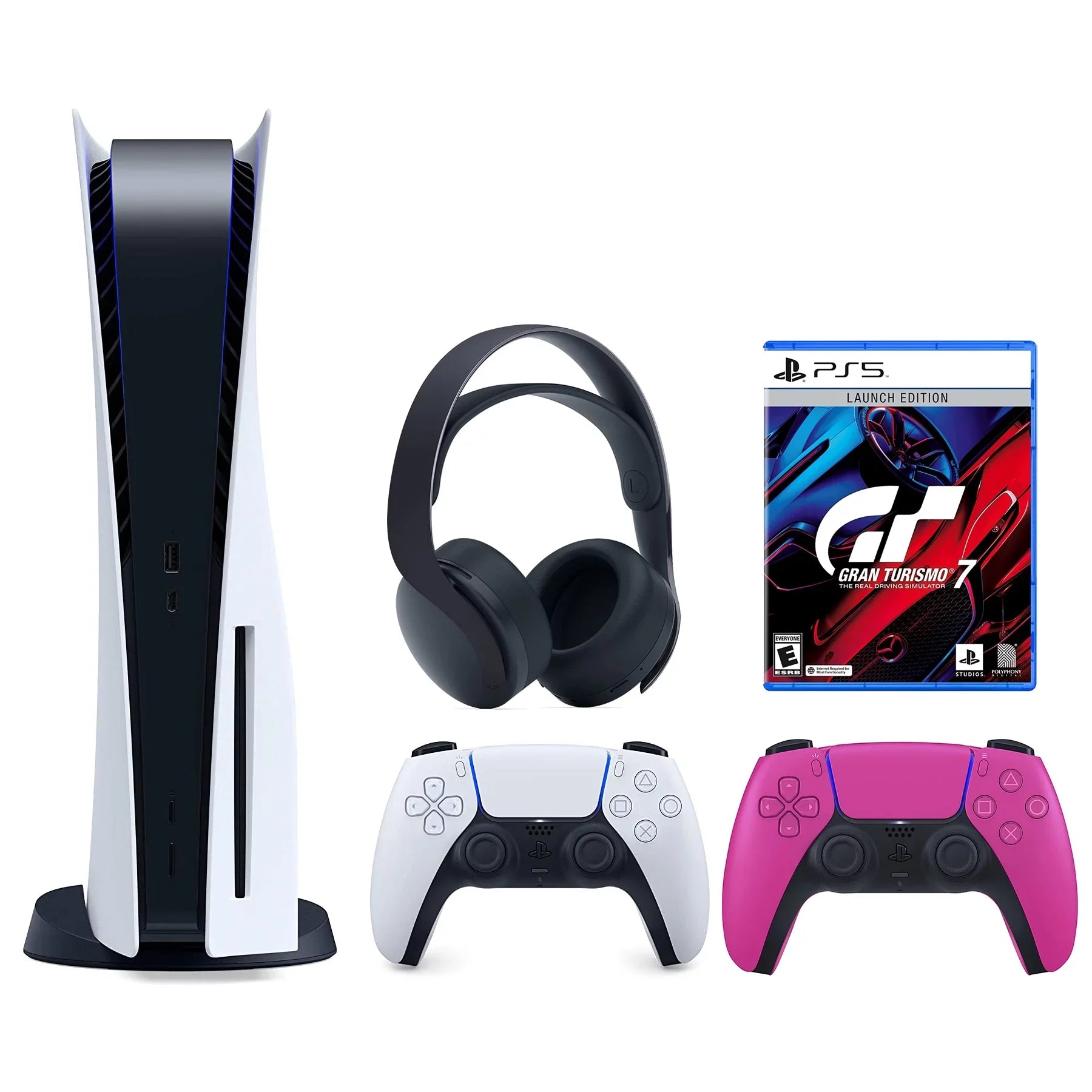 Playstation 5 Disc (PS5 Disc) with Extra Pink Controller, Gran Turismo 7 Launch Edition and Black PULSE 3D Headset Bundle