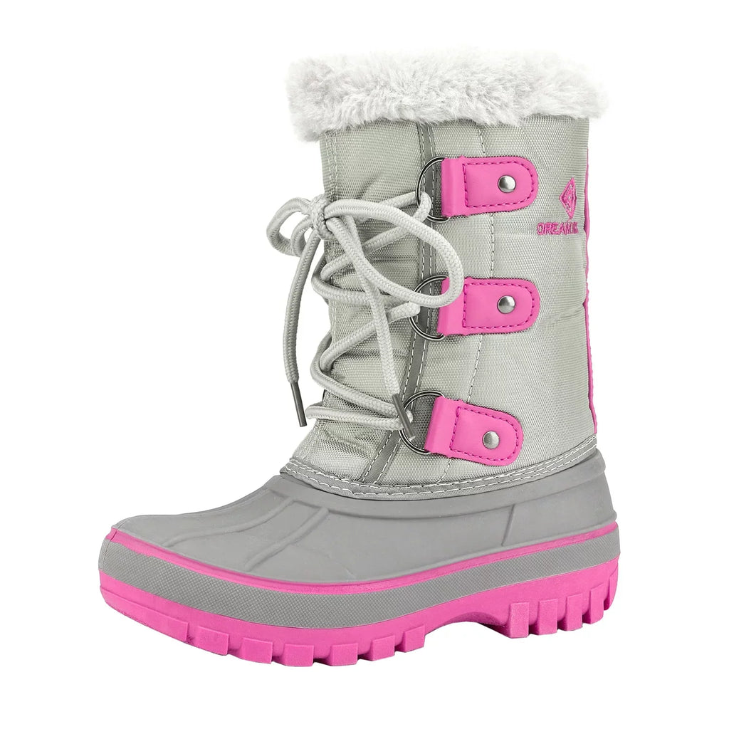 Dream Pairs Boys Girls Toddler Kids Ankle Winter Snow Boots Faux Fur-Lined Soft Boots Shoes Warm FORESTER GREY/FUCHSIA Size 5 Big Kid