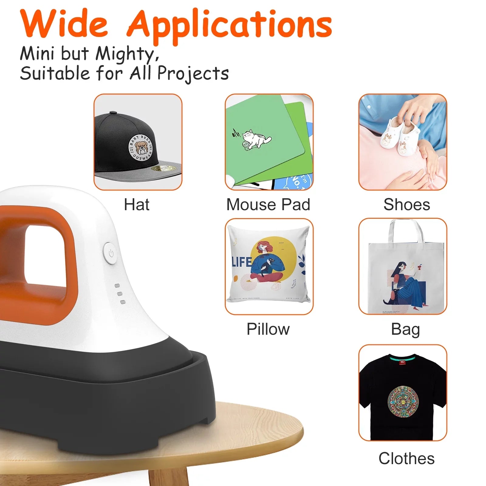 Mini Heat Press Machine 7" * 3.8" in Portable Iron Heat Transfer Machine with Fast Heating for T-Shirt Clothes Hat Bags, Orange