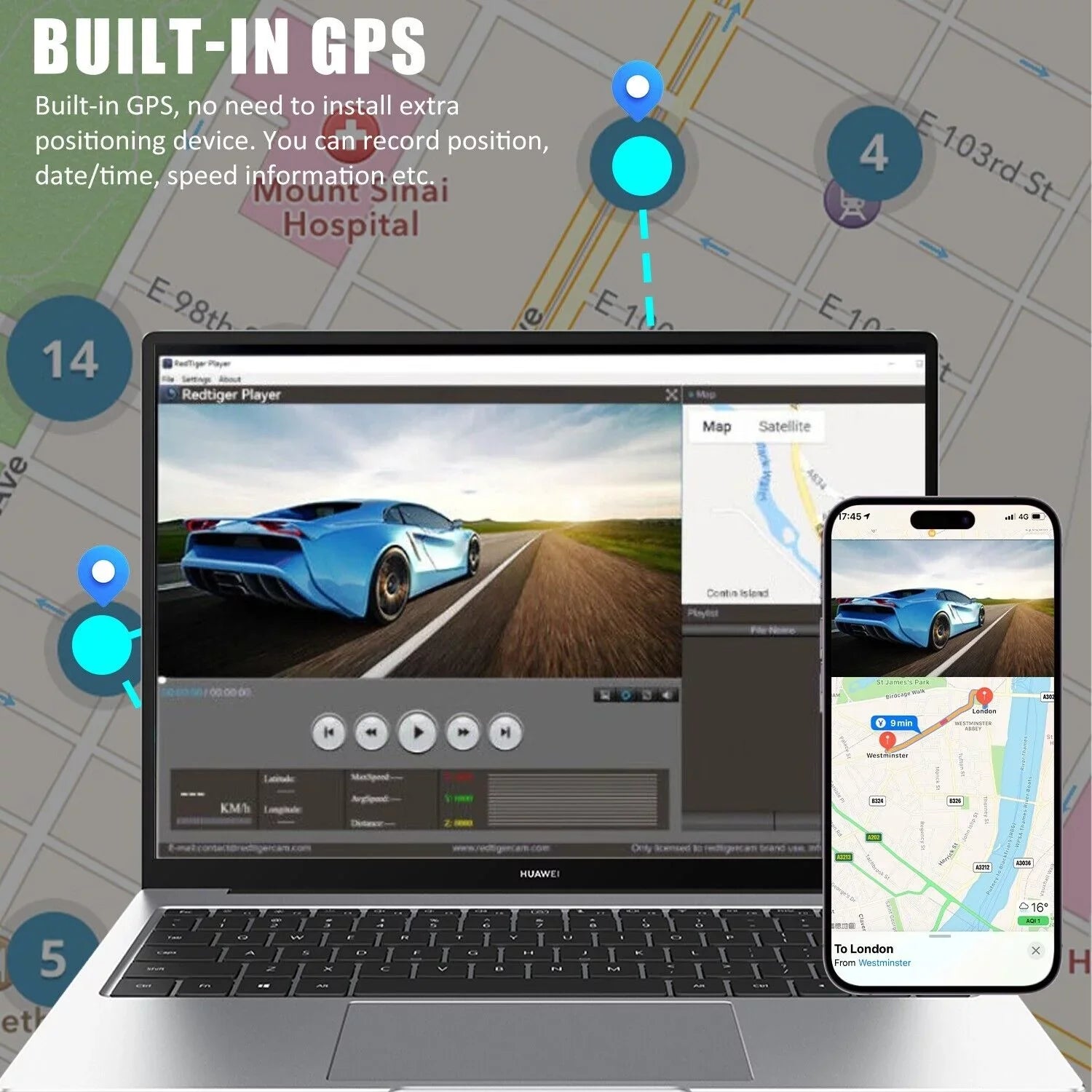 3 Lens Cars True 4K Dual Dash Camera Front & Rear WiFi&GPS Track Video Recorder