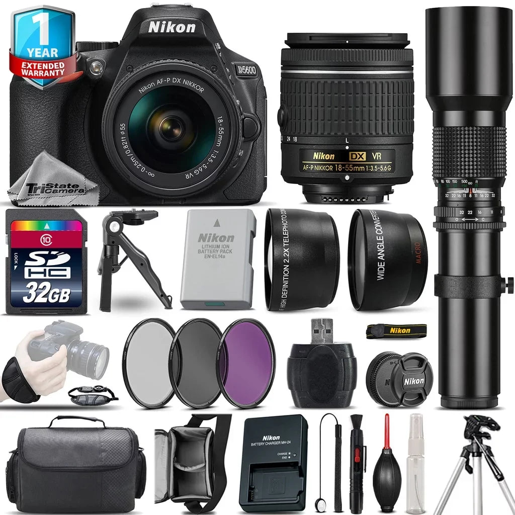 D5600 DSLR Camera + 18-55mm VR + 500mm Lens + Filter Kit + 1yr Warranty