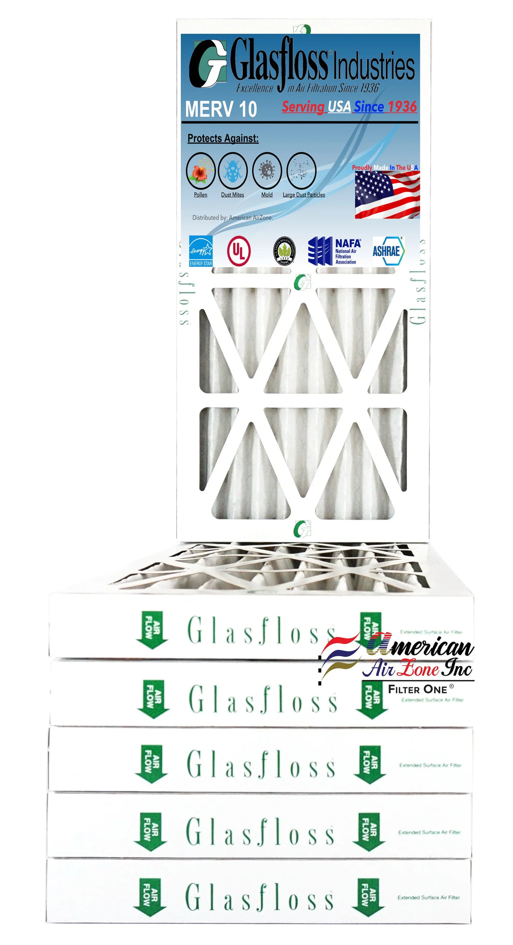 Glasfloss Air Filter 10x30x2 - 2" MERV 10 - (Pack of 6) - Pleated AC or HVAC Air Filter - Furnace Air Filter - Home or Office - Made In The USA.