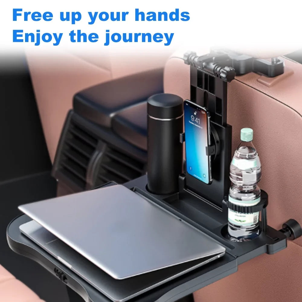 Htovila Adjustable Car Seat Travel Table Multifunctional Foldable Car Back Seat Food Tray, Car Table with Phone Holder for Working, Writing, Eating Black