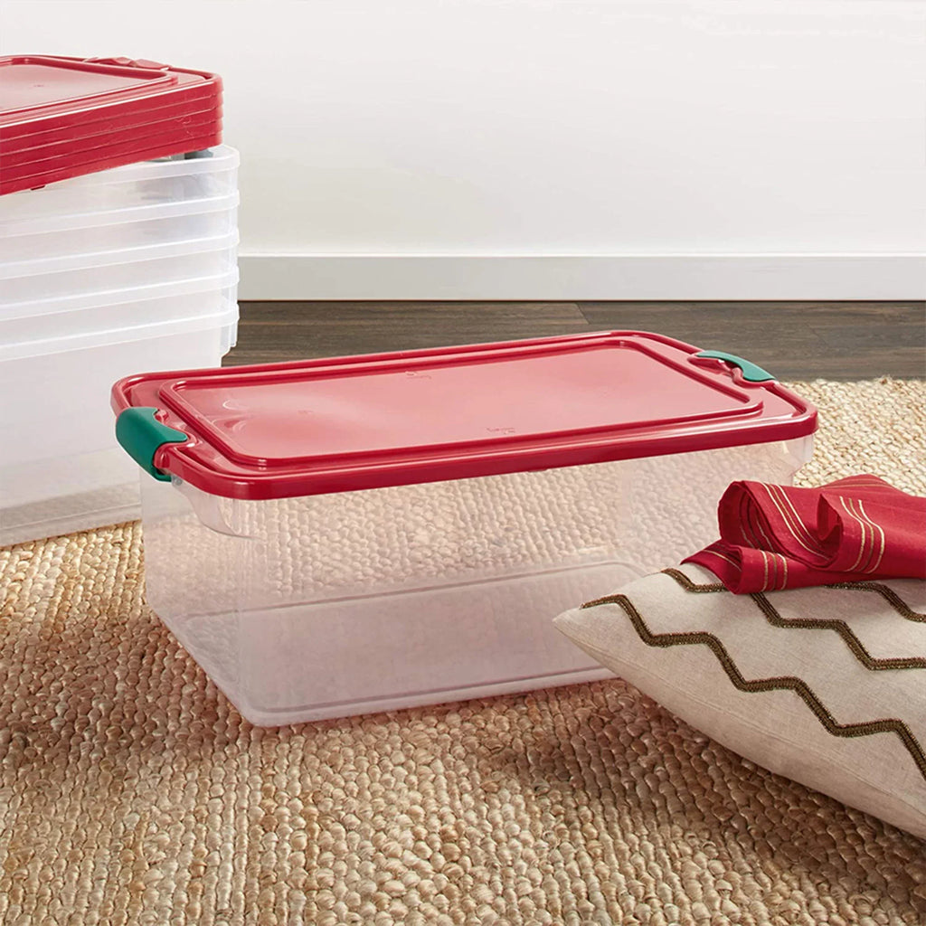 Homz 64 Quart Holiday Decor Plastic Storage Bin with Latching Lid, 6 Pack