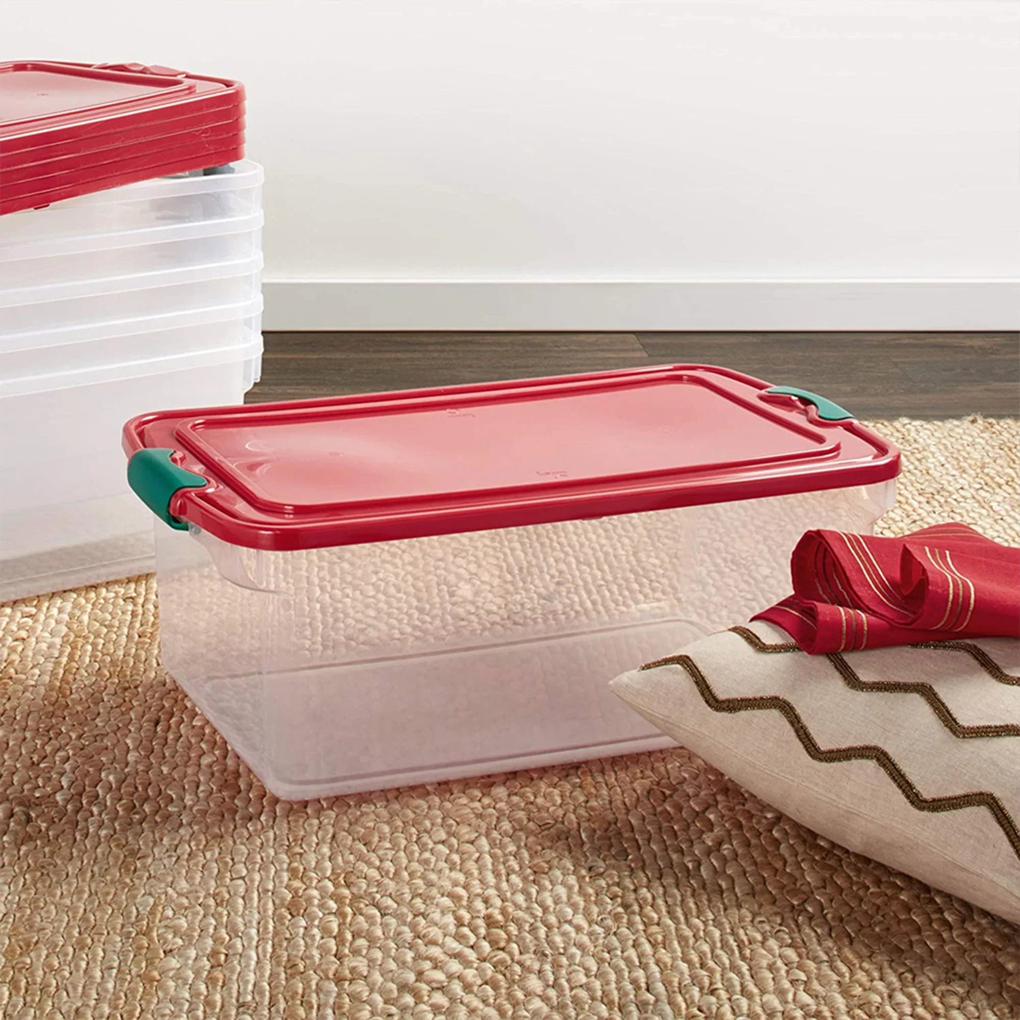 Homz 64 Quart Holiday Decor Plastic Storage Bin with Latching Lid, 6 Pack