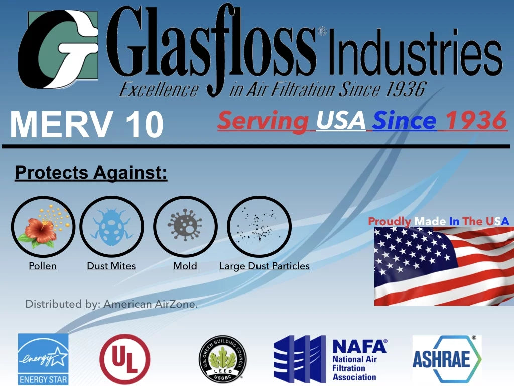 Glasfloss Air Filter 15x20x2 - 2" MERV 10 - (Pack of 6) - Pleated AC or HVAC Air Filter - Furnace Air Filter - Home or Office - Made In The USA.